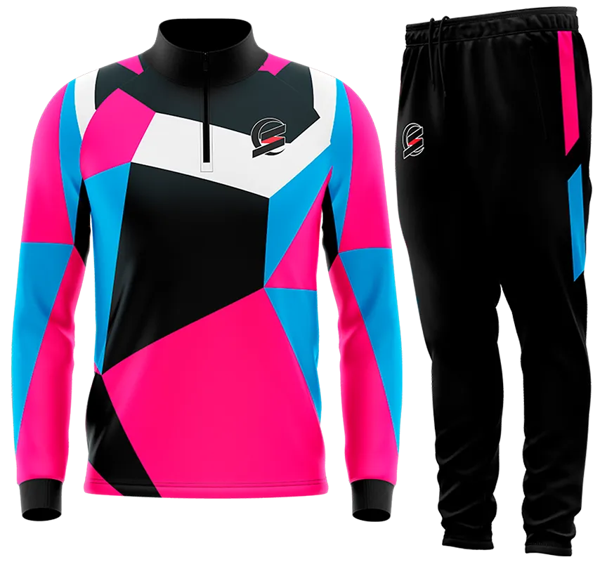 BUZO DEPORTIVO NEGRO - ROSADO - CELESTE - TRIANGULOS - FRANJA cod: 0138 .