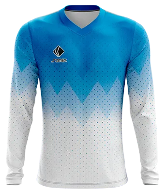 CAMISETA FUTBOL MANGA LARGA COD. 012 BLANCO DEGRADE AZUL - TRIANGULOS - PUNTOS