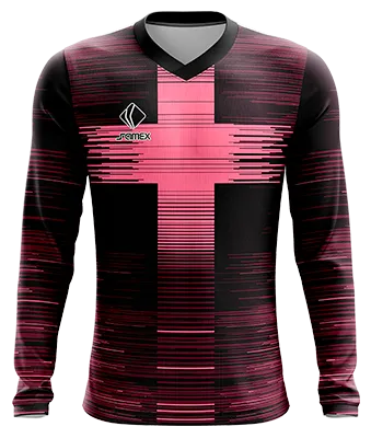 CAMISETA FUTBOL MANGA LARGA COD. 020 NEGRO - LINEAS MORADO - CRUZ ROSADO