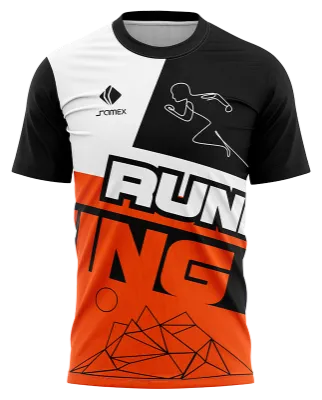 CAMISETA RUNNING COD. 070 NEGRO - NARANJA - DIBUJO LINEAL DE MONTAÔö£├ªA - CORREDOR
