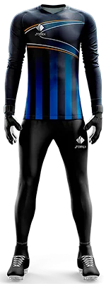 Conjunto Futbol Arqueros Cod 0003 CAMISETA NEGRA CON FRANJAS AZULES Y LIENAS NARANJAS .