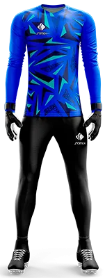 Conjunto Futbol Arqueros Cod 0037 CAMISETA AZUL CON TRIANGULOS TURQUESA Y NEGRO .
