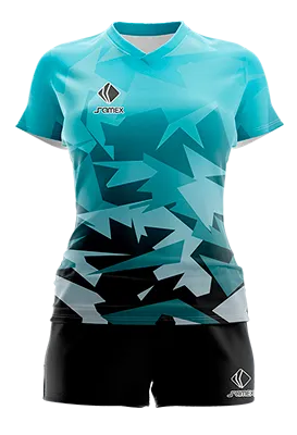CONJUNTO DEPORTIVO VOLEY PERZONALIZADO CONJUNTO CHINITO DAMA 2019-22 TURQUESA - NEGRO - FIGURAS GEOMETRICAS COD: 0072 .
