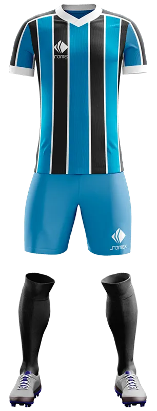 CONJUNTO FUTBOL COD. 458 NEGRO - FRANJAS CELESTE Y BLANCO