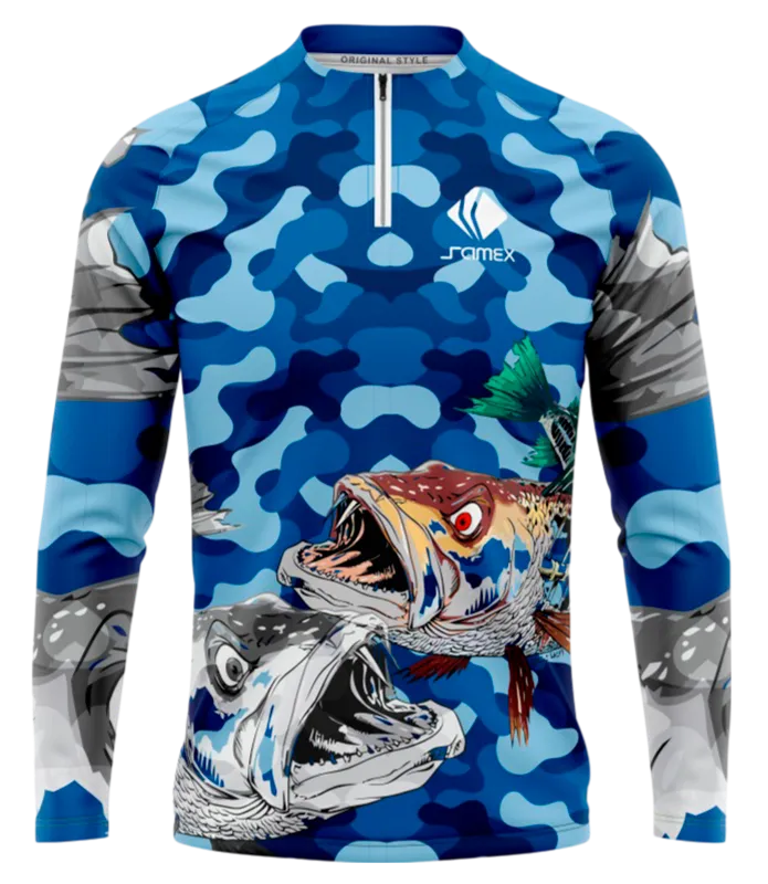 CAMISETA PESCA CAMUFLADO AZUL - PESCES NADANDO COD: 0017 .