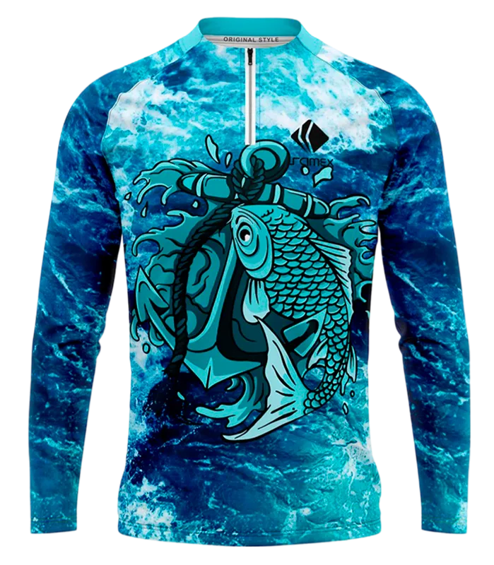 CAMISETA PESCA ACUARELA CELESTE - PEZ ANCLADO COD: 0022 .