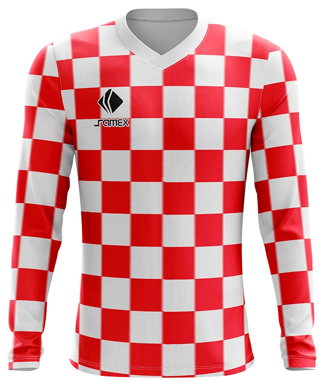 CAMISETA FUTBOL MANGA LARGA COD. 001 BLANCO - CUADROS ROJOS