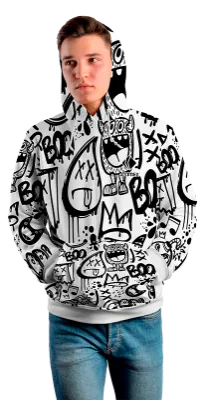 Poleron Con Capucha Cod 0017 POLERA BLANCA ESTAMPADO GRAFITI NEGRO .