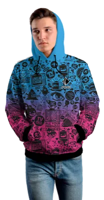 Poleron Con Capucha Cod 0076 POLERA DEGRADADO AZUL-ROSADO CON ESTAMPADO ABSTRACTO NEGRO .