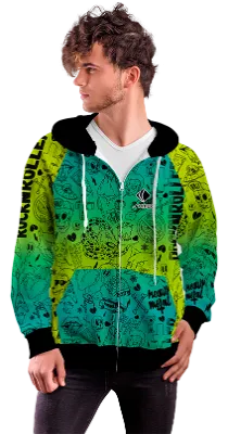 POLERON CON CIERRE COD. 057 VERDE DEGRADE TURQUESA DIBUJOS NEGRO