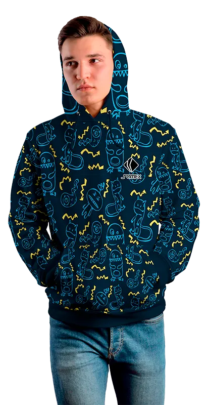 Poleron Con Capucha Cod 0030 POLERA AZUL CON FIGURAS MONSTRUOS .
