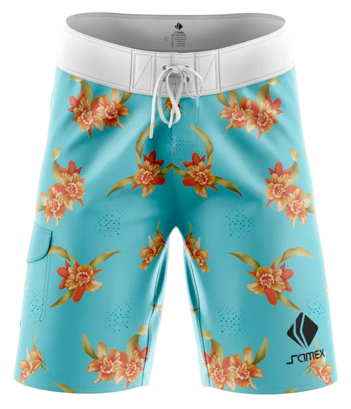 SHORT LARGO CELESTE - FLORES NARANJAS COD: 0007 .